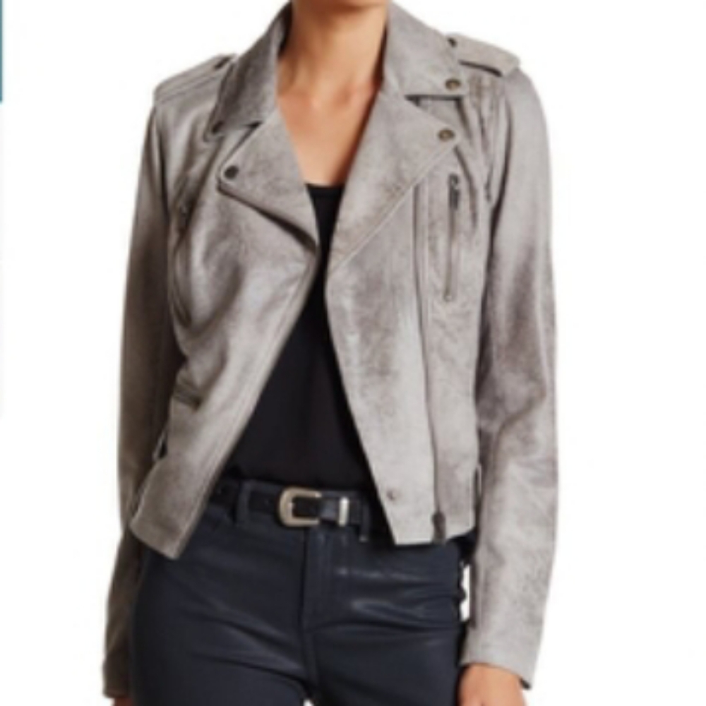BNCI By Blanc Noir Moto Jacket Distressed Faux Suede Leather Grey Size Small NWT